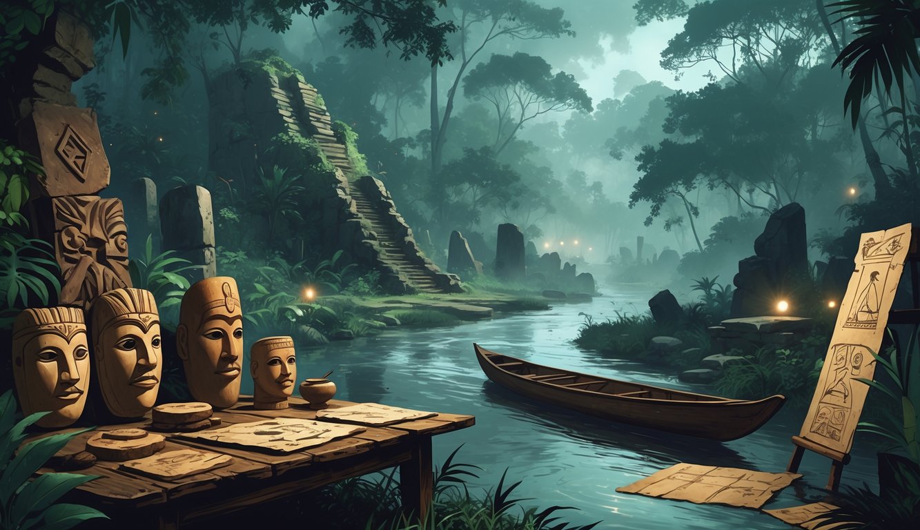 A misty tropical rainforest with ancient stone ruins, indigenous artifacts on a wooden table, a river with a traditional canoe, and subtle mysterious lights in the distance.