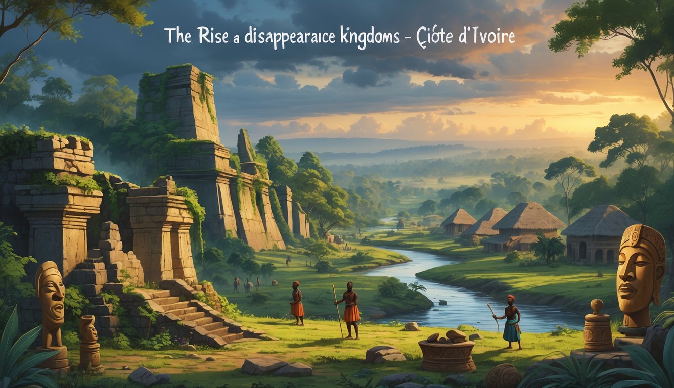 An ancient West African landscape with stone ruins, traditional villages, and people in historical clothing, symbolizing the rise and disappearance of kingdoms in Côte d'Ivoire.