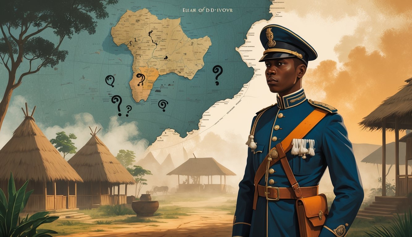 A colonial French officer stands beside a mysterious old map of Côte d'Ivoire surrounded by traditional Ivorian symbols and colonial architecture, evoking historical mystery.