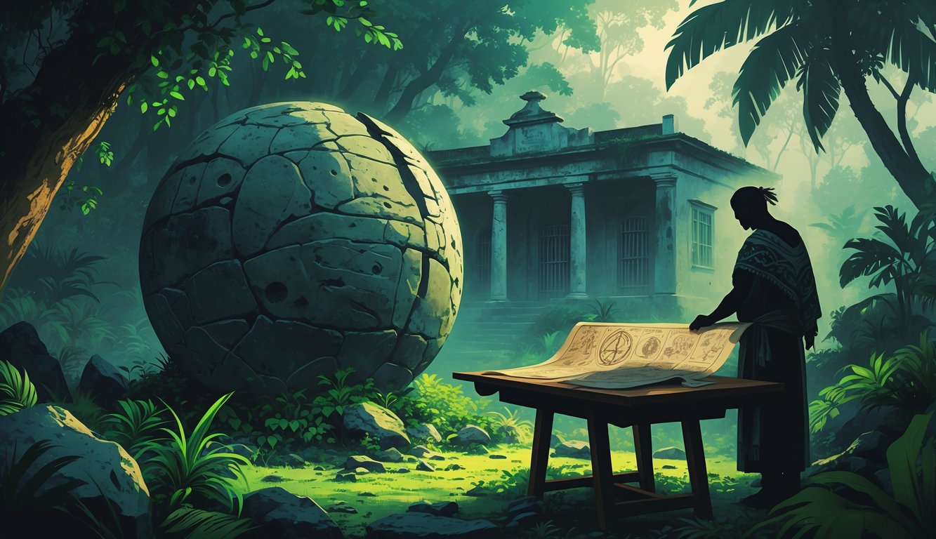 A scene showing an ancient stone sphere in a jungle, an old colonial building, and a person examining old maps and artifacts.