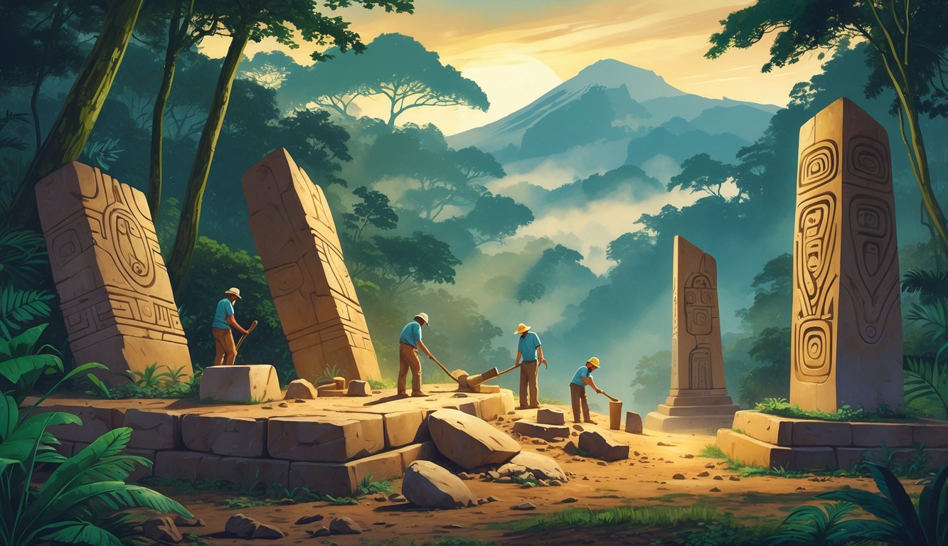 Archaeologists excavating ancient stone artifacts and sculptures in a dense Costa Rican rainforest with mountains in the background.