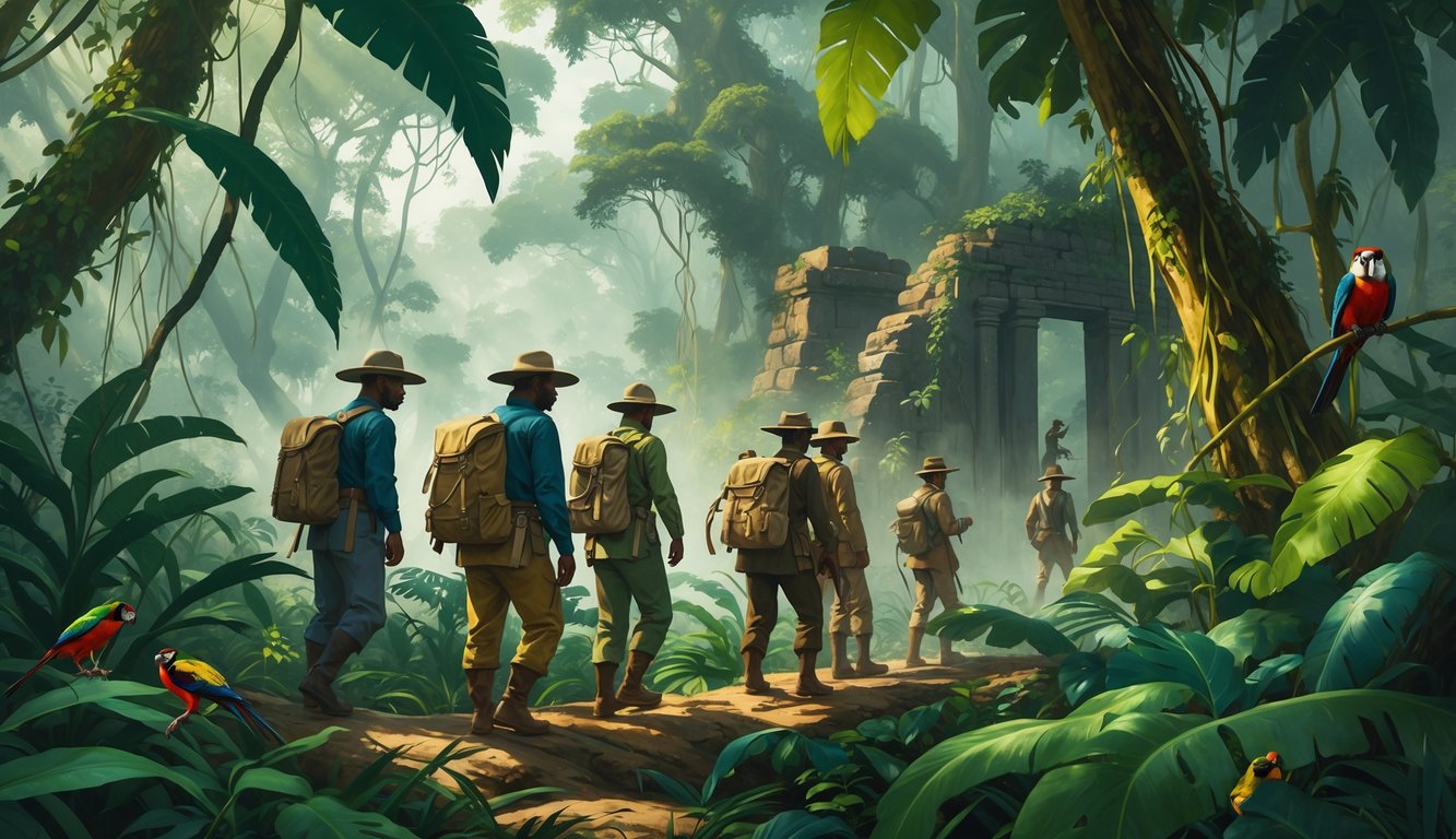A group of explorers in early 20th-century gear navigating through dense jungle near ancient ruins in Congo, surrounded by tropical trees and wildlife.