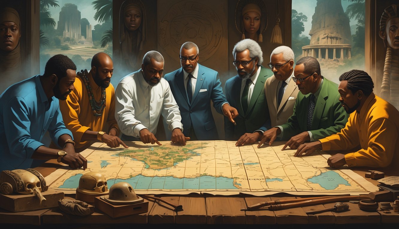A group of political figures from Côte d'Ivoire gathered around a table with an ancient map, discussing historical mysteries with artifacts and faint images of landmarks in the background.