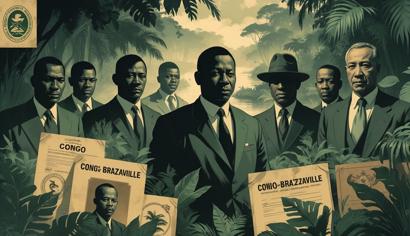 Portraits of mysterious political figures from Congo-Brazzaville's history with the Congo River and rainforest in the background.