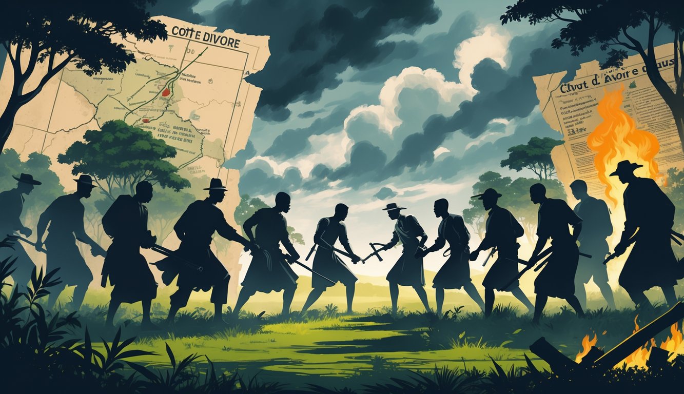 A tense scene showing shadowy figures in traditional and modern clothing facing each other in a West African landscape with dark clouds overhead and symbolic maps and documents in the background.
