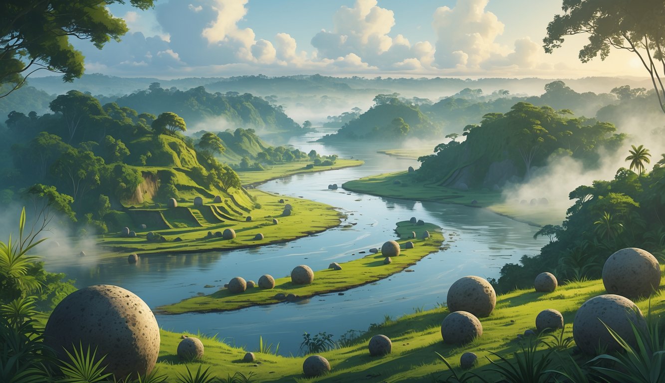 A river delta surrounded by dense tropical forest with ancient stone spheres and burial mounds partially visible among the greenery.