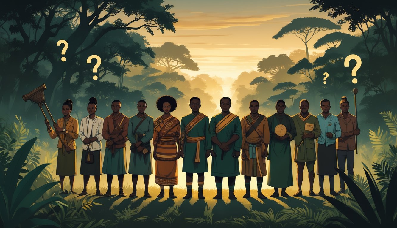 A group of Congolese people standing together in a lush rainforest with shadowy figures and question marks hidden in the background, symbolizing independence and historical mysteries.