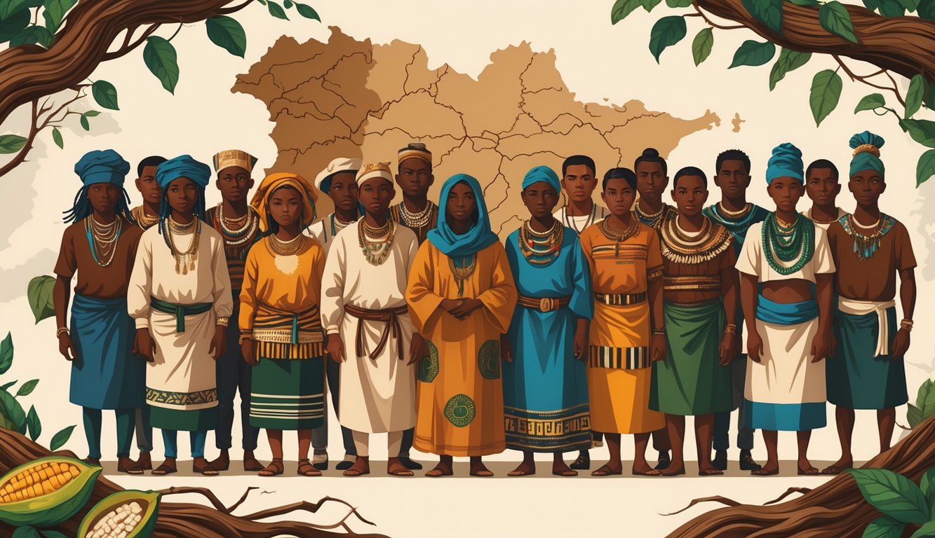 A group of diverse Ivorian people in traditional clothing standing together with a map of Côte d'Ivoire in the background, showing symbols of cultural heritage and subtle signs of tension.