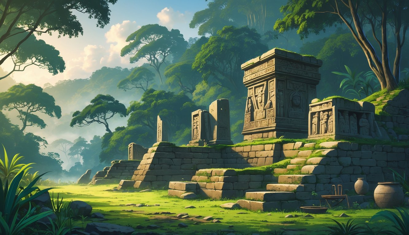 Ancient stone ruins surrounded by dense tropical forest with carved statues and pottery fragments visible among the greenery.