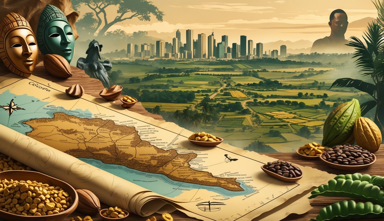 An illustration showing a map of Côte d'Ivoire with traditional artifacts like masks and cocoa pods, a city skyline, rural farms, and faint images of historical figures in the background.