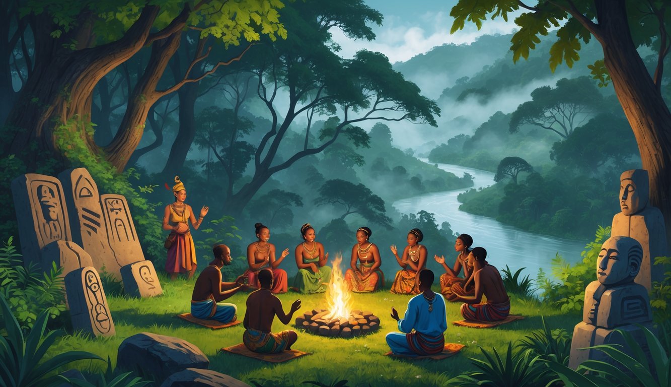 A group of Congolese people in traditional clothing gathered around a fire in a dense rainforest with ancient artifacts and misty hills in the background.