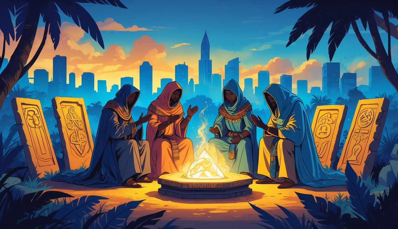 A group of people in traditional and modern clothing gathered around a glowing ancient artifact in a city setting with tropical plants and mysterious shadows in the background.