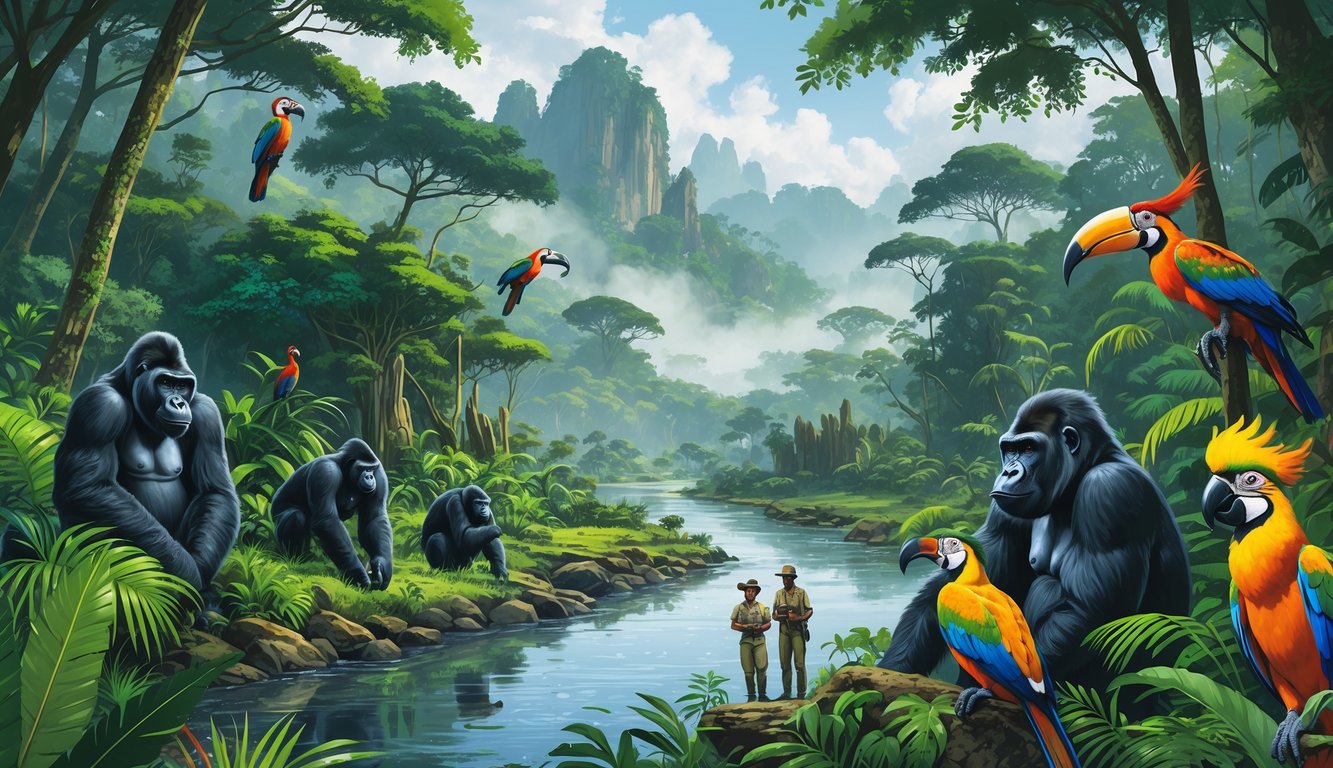 A lush tropical rainforest in Congo with diverse wildlife, misty mountains, a winding river, ancient ruins hidden among trees, and conservationists observing animals.