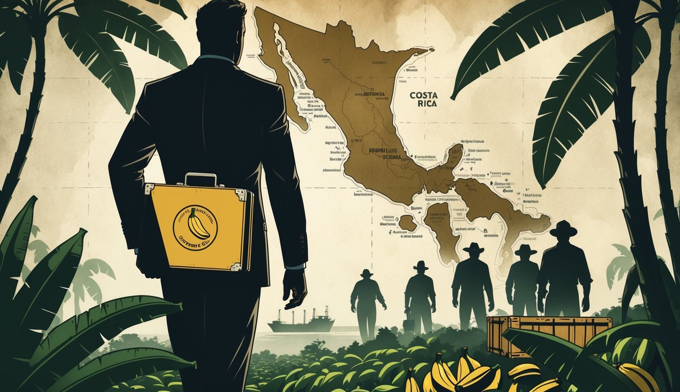 A vintage map of Costa Rica with banana plantations, a businessman holding a briefcase, banana leaves, workers' silhouettes, and a cargo ship on the horizon.