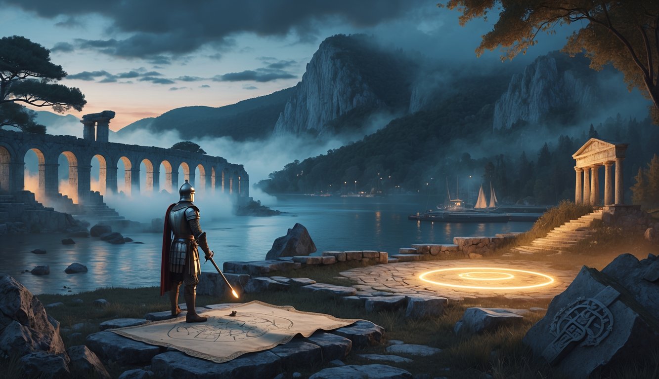A knight studies an ancient map beside ruins near a misty coast with a glowing artifact and mysterious symbols in the background.