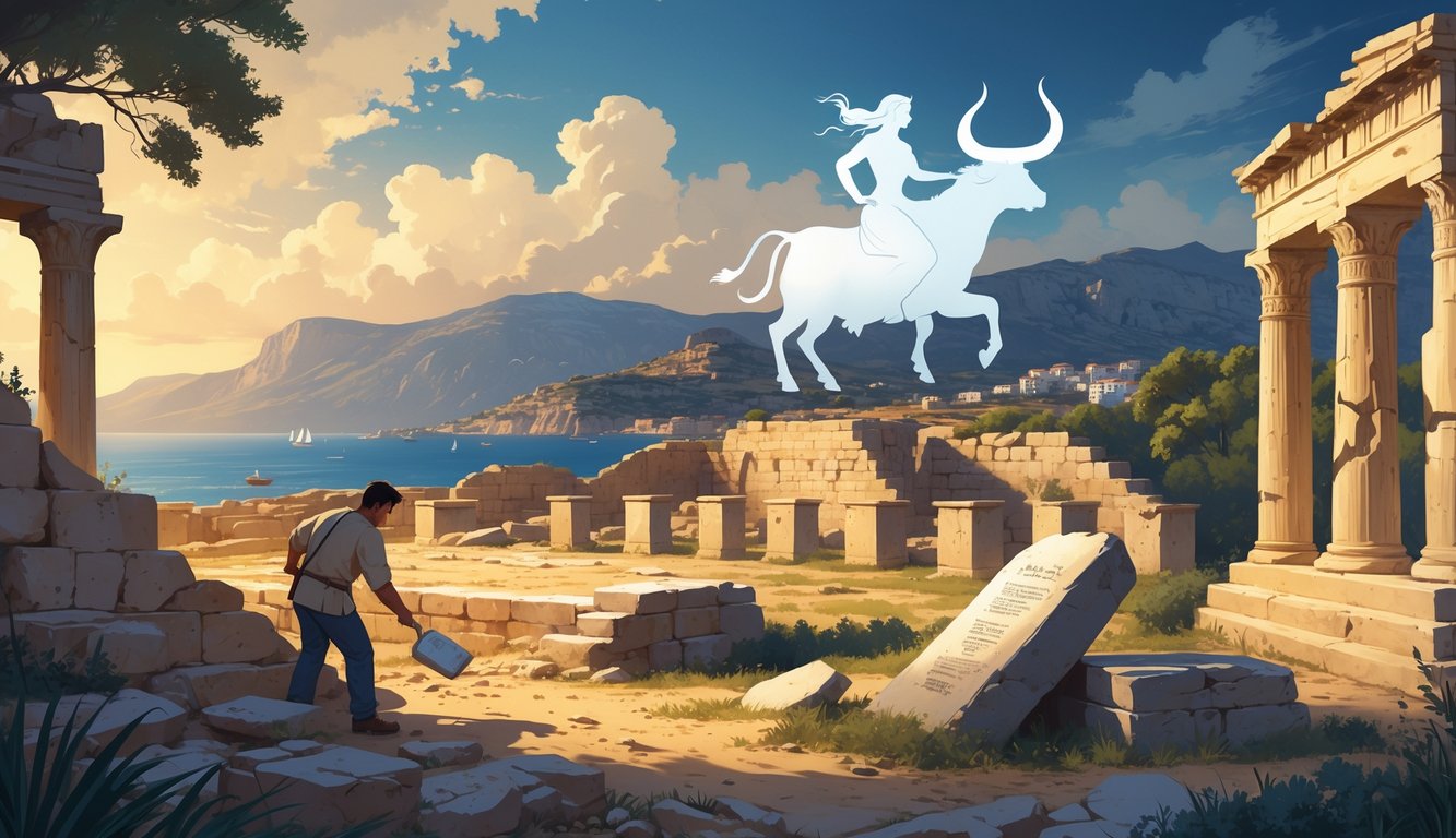 An archaeologist uncovers an ancient artifact near ruins of Kourion with mountains and coastline in the background, alongside a ghostly figure of Queen Europa on a bull.