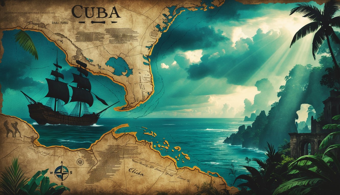 A collage showing a weathered map of Cuba surrounded by a pirate ship silhouette, a ghostly revolutionary figure, ancient artifacts, and jungle ruins under a dramatic sky.