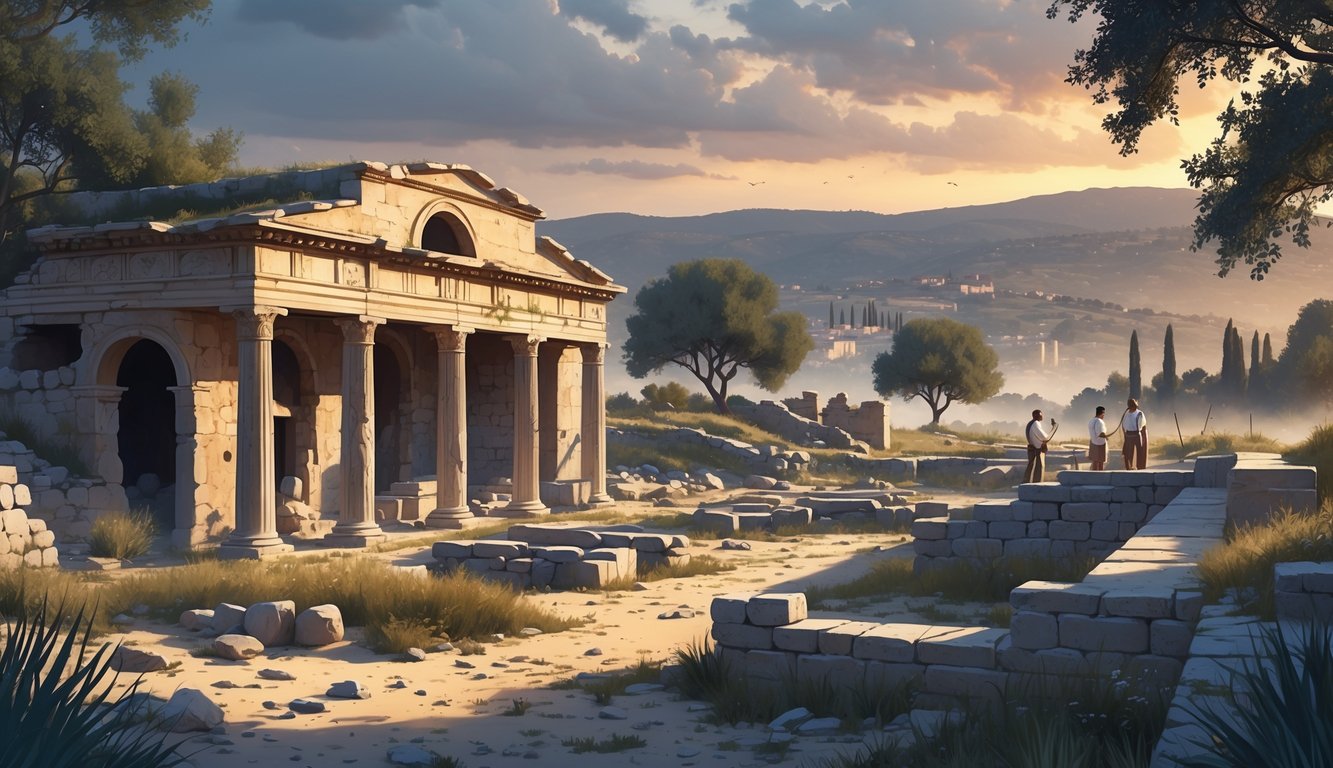 An ancient partially excavated Roman villa in Cyprus with archaeologists working nearby, surrounded by Mediterranean plants and hills under a dramatic sky.