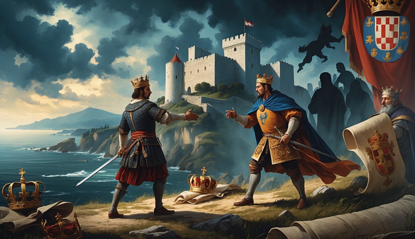 Two medieval Croatian nobles confront each other near a castle on a rocky hill by the sea, with ghostly figures of past kings and queens in the background under a stormy sky.