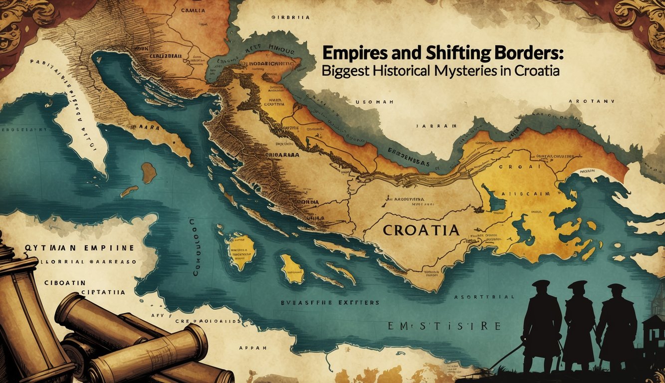 A historical map of Croatia showing overlapping empire borders with ancient artifacts and landmarks around it.
