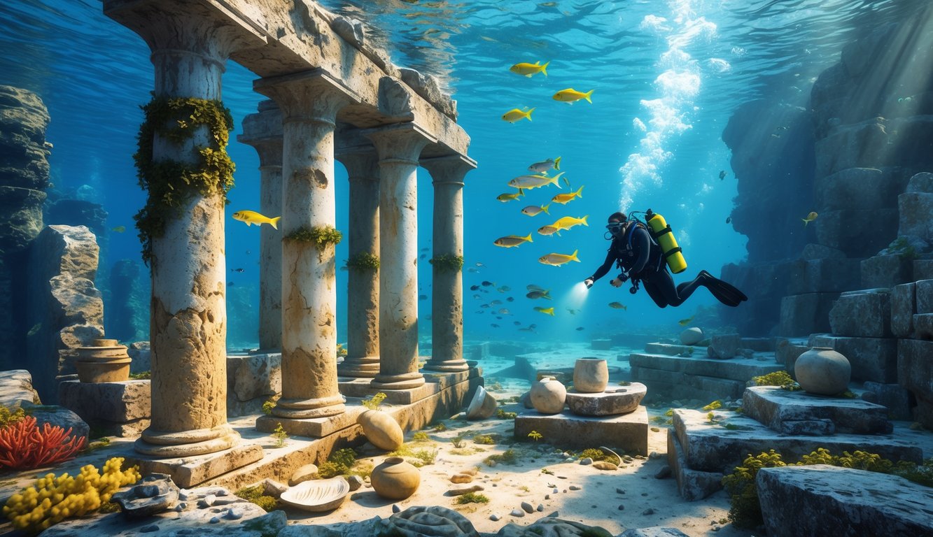 An underwater scene showing ancient submerged ruins, marine life, and a diver exploring historical artifacts off the coast of Cyprus.