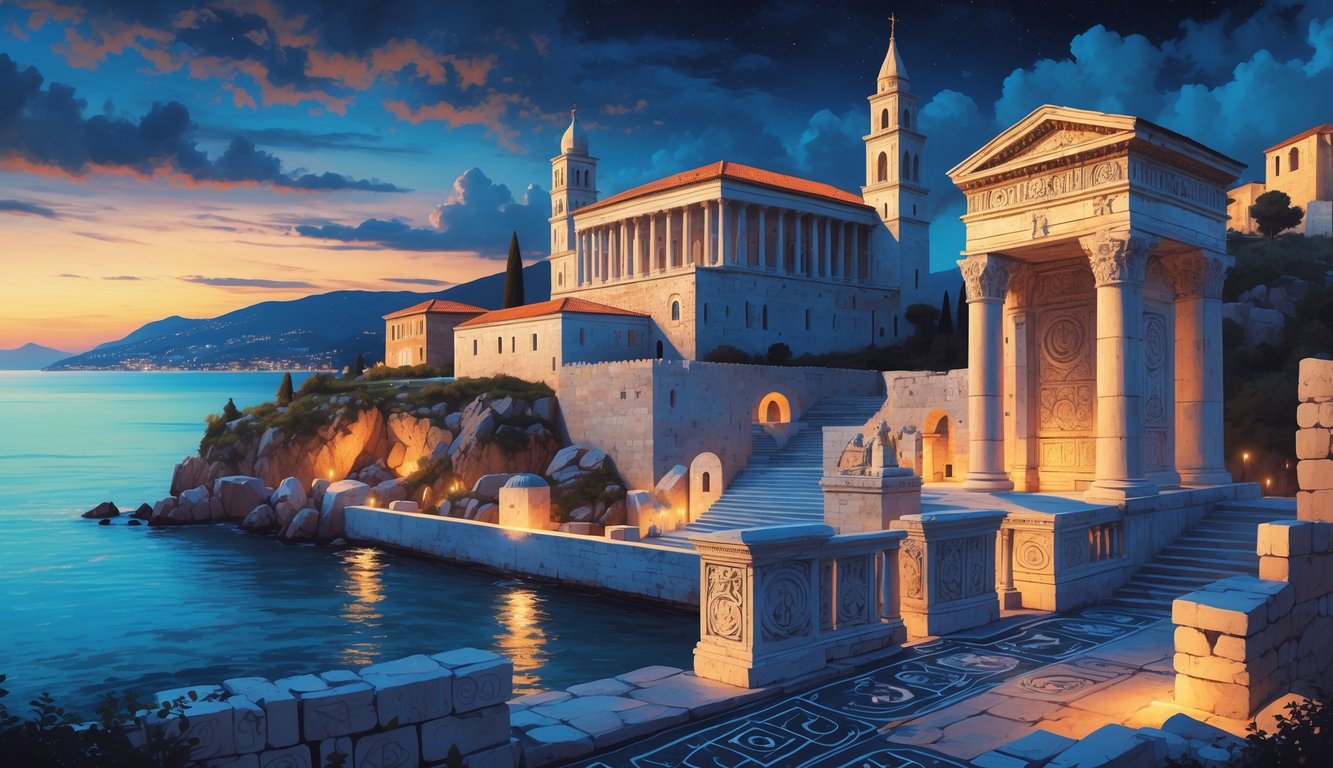 A detailed scene showing famous Croatian historical buildings with mysterious symbols carved into the stone, set against a coastal background at twilight.