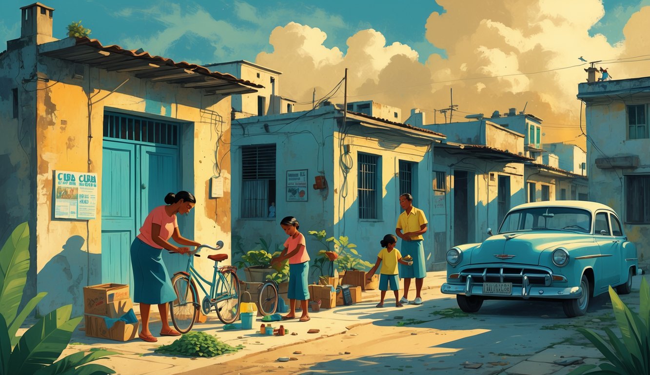 A Cuban family in a worn urban neighborhood engaged in gardening, repairing a bicycle, and playing, surrounded by old buildings and a vintage car, symbolizing survival and change.