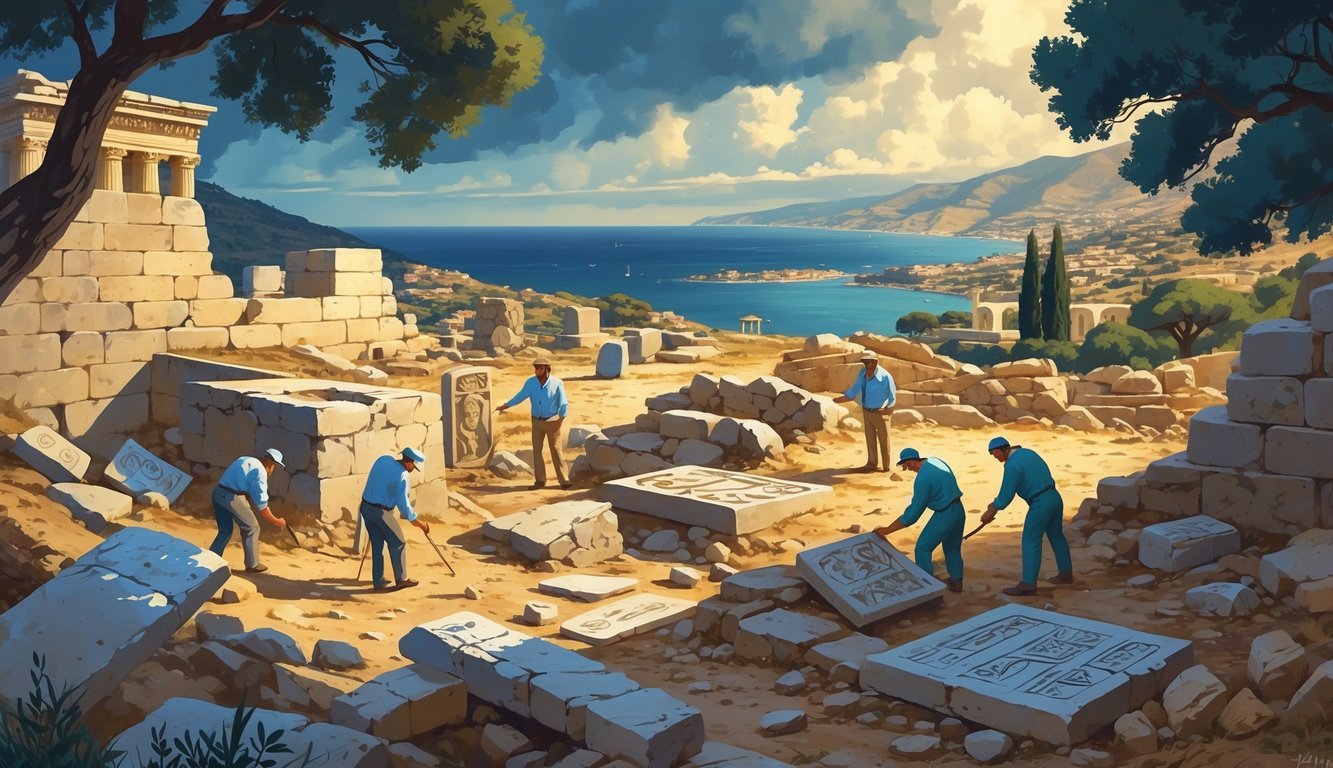 An archaeological dig site in Cyprus with archaeologists examining ancient ruins and artifacts, set against a Mediterranean landscape with hills and the sea.