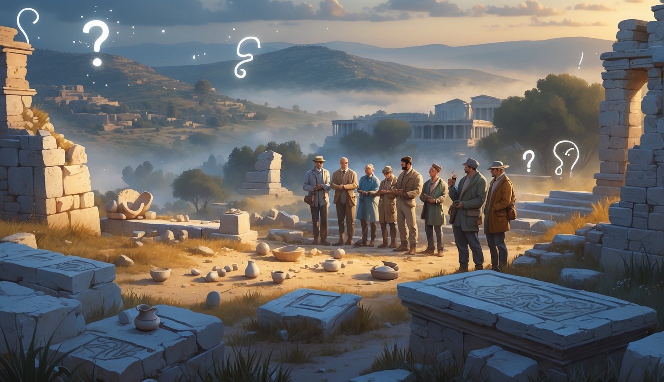 Archaeologists examining ancient ruins and artifacts in a misty Cypriot landscape with stone structures and hills in the background.