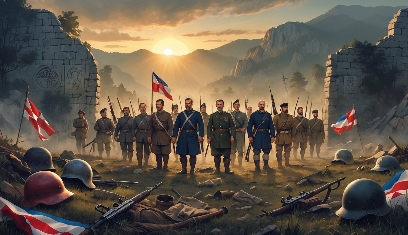 A group of Croatian resistance fighters stand united on a battlefield with broken weapons and ancient ruins in the background under a rising sun over misty mountains.