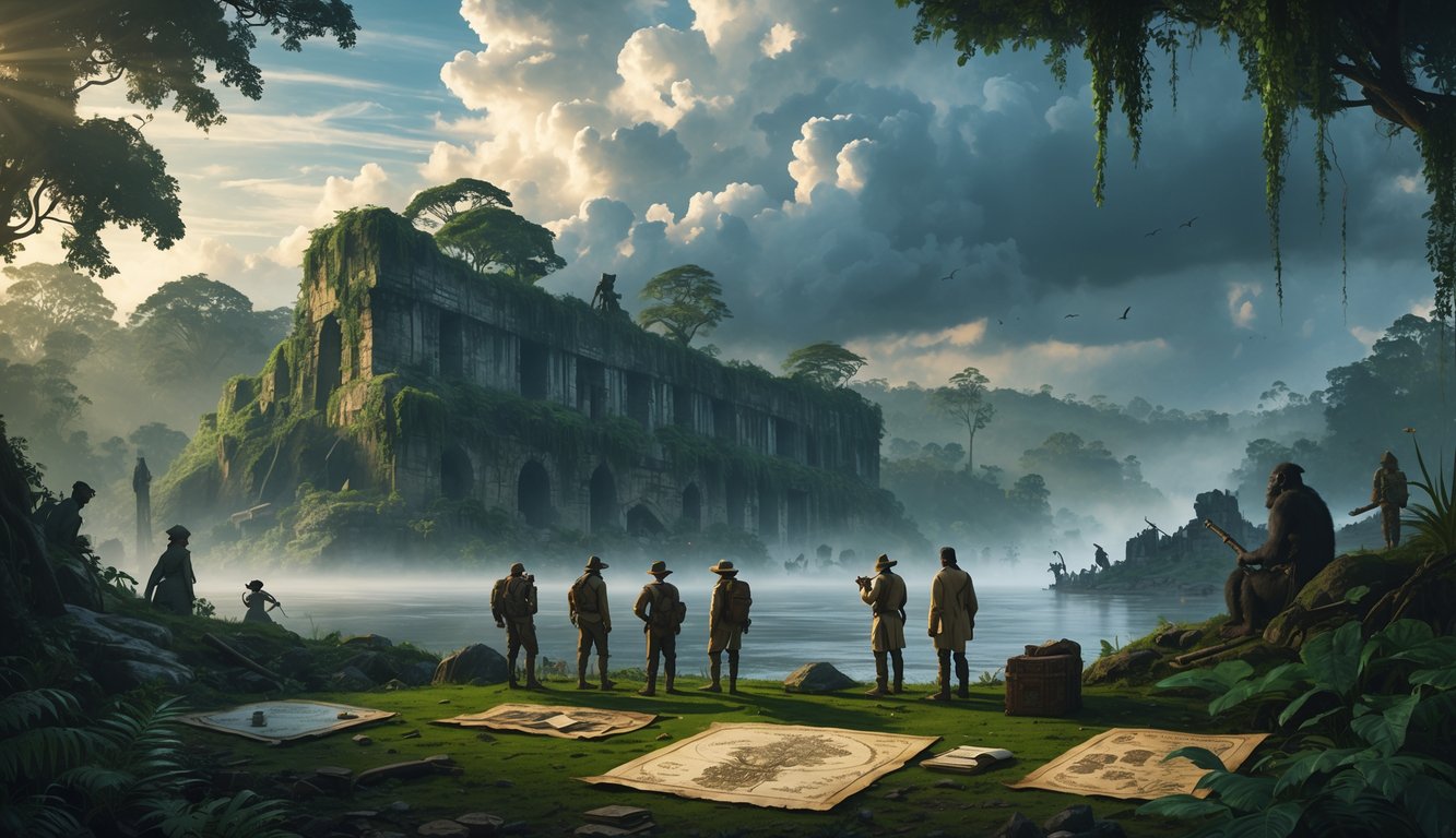 A jungle scene with ancient ruins, explorers studying artifacts and maps, a winding river, and faint mysterious shapes in the background.