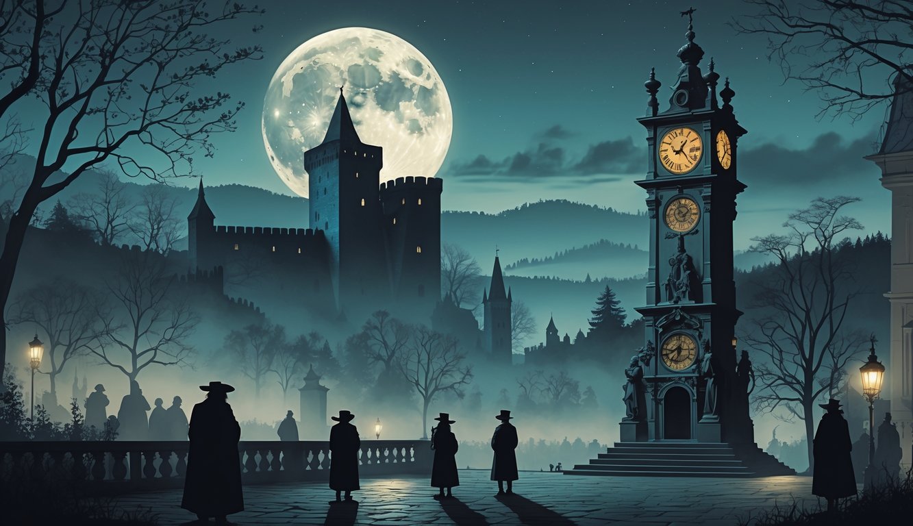 A collage showing Czechia's historical mysteries with Karlštejn Castle, the Golem statue, Prague's astronomical clock, and shadowy historical figures under a full moon.