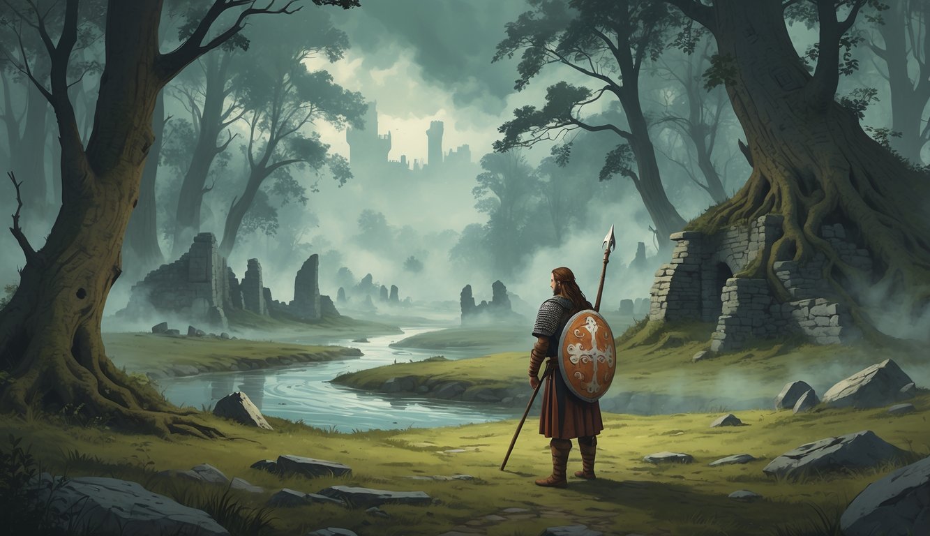 An ancient forest with a Slavic warrior standing near old castle ruins and a river, surrounded by mist and mysterious symbols.