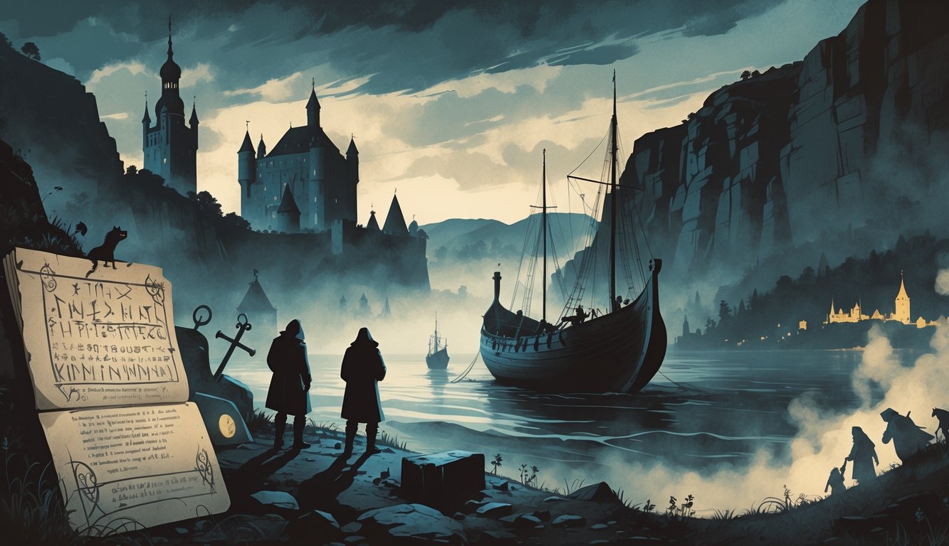 A scene showing investigators examining Viking artifacts and ancient landmarks in Denmark, surrounded by mysterious symbols and a glowing map.