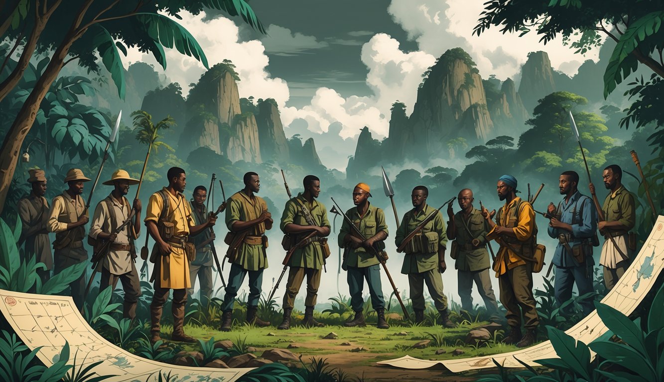 A group of armed individuals from different militias and rebel movements stand cautiously in a dense jungle with mountains in the background, surrounded by symbols of conflict and history.