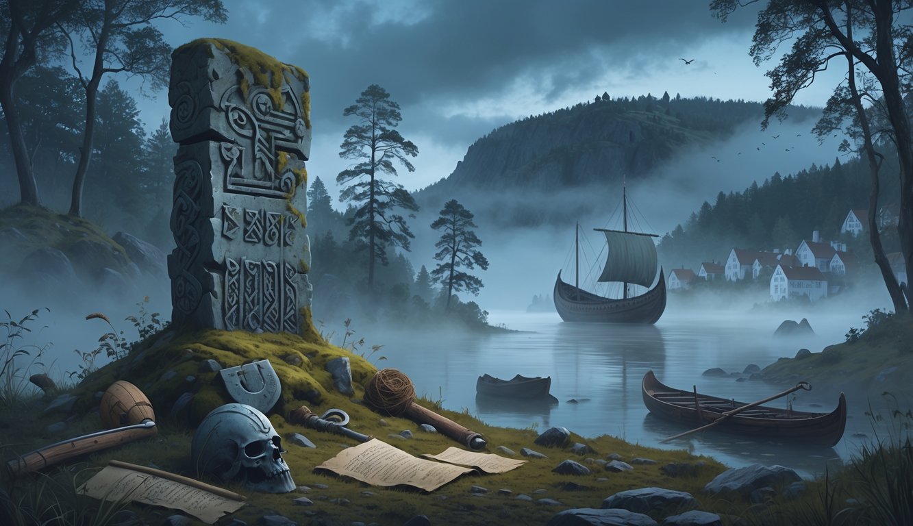 An ancient Danish landscape with a misty forest, a Viking ship in a foggy fjord, a moss-covered rune stone, scattered Viking artifacts, ghostly Norse figures, and a medieval village with a castle in the distance.