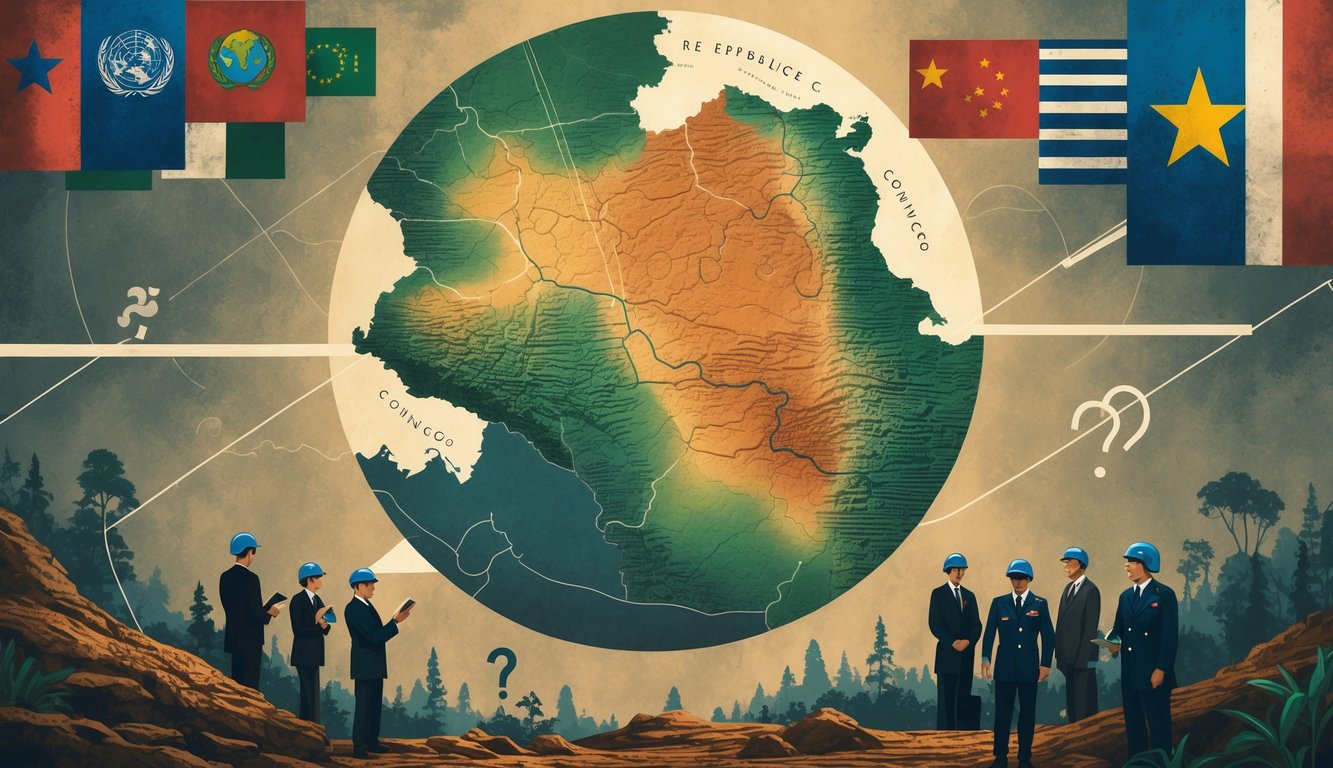 An illustration showing the Democratic Republic of the Congo map surrounded by figures representing foreign countries and United Nations peacekeepers, with symbols of mystery and natural resources around it.