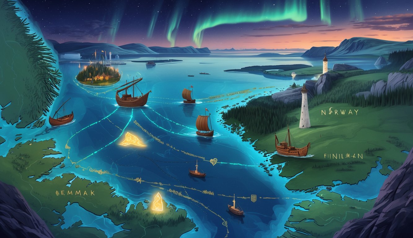 A map of Denmark and its Nordic neighbors with Viking ships sailing between them, ancient artifacts, and famous landmarks under northern lights.