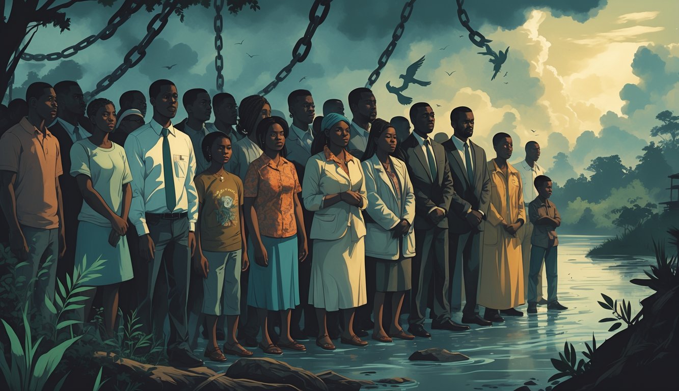 A group of Congolese people standing together with determined expressions, surrounded by symbols of conflict and justice, set against a background of the Congo's natural landscape.