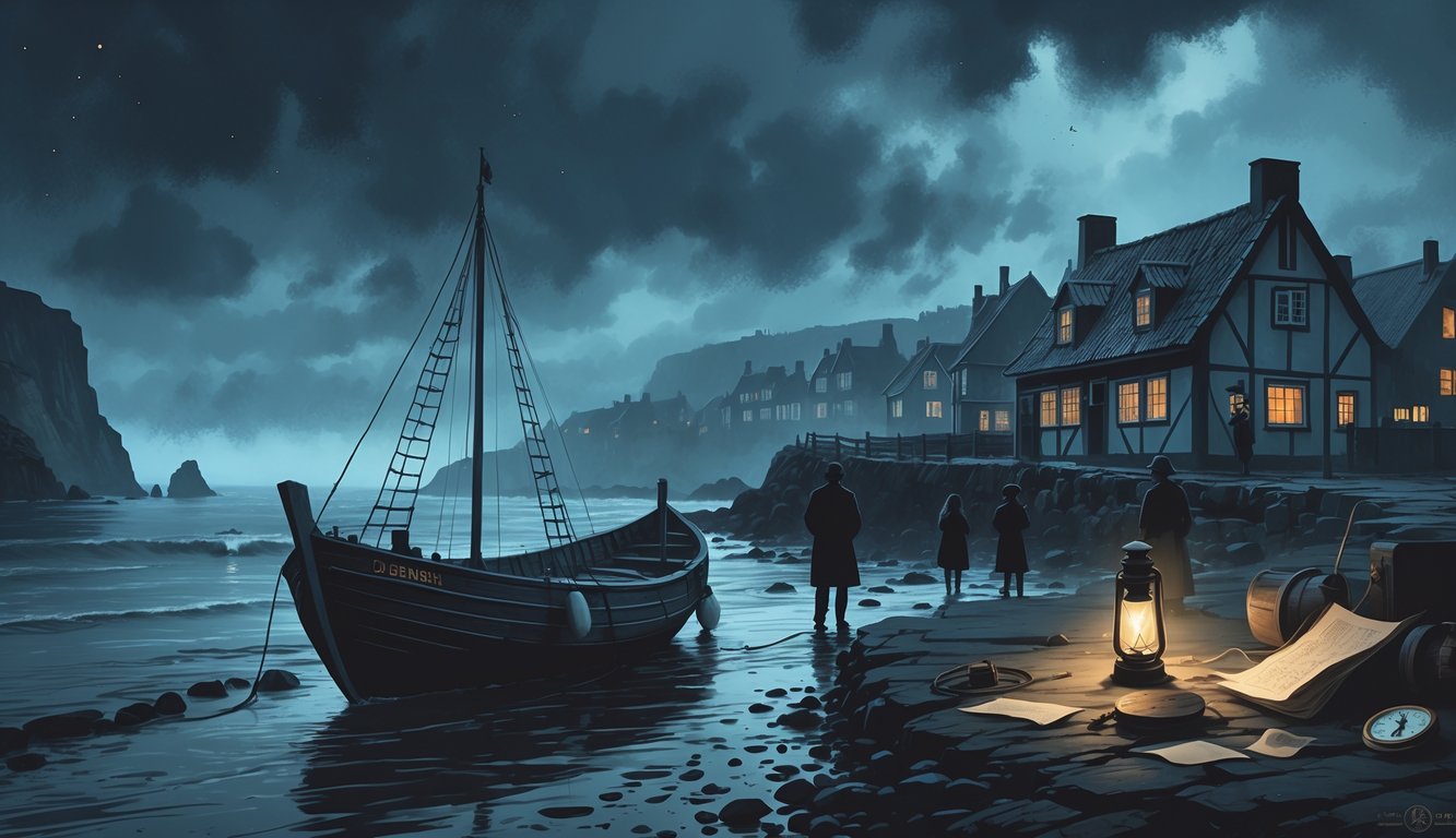 A nighttime scene of a Danish coastline with a wooden boat on the shore, ghostly figures fading into mist, and an old village in the background, surrounded by historical objects.