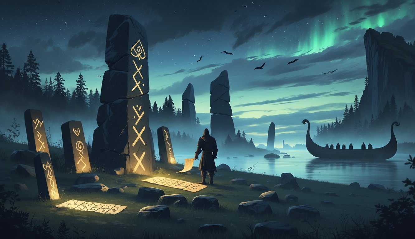 A mysterious ancient Nordic landscape with Viking stone monuments and rune stones glowing faintly, a figure in Viking clothing studying the stones, surrounded by ravens, a forest, and a twilight sky with northern lights.