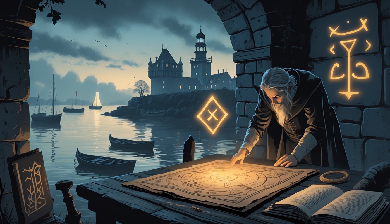 A mysterious nighttime scene in Denmark showing a person examining an ancient map with glowing symbols near historic landmarks and a foggy harbor.