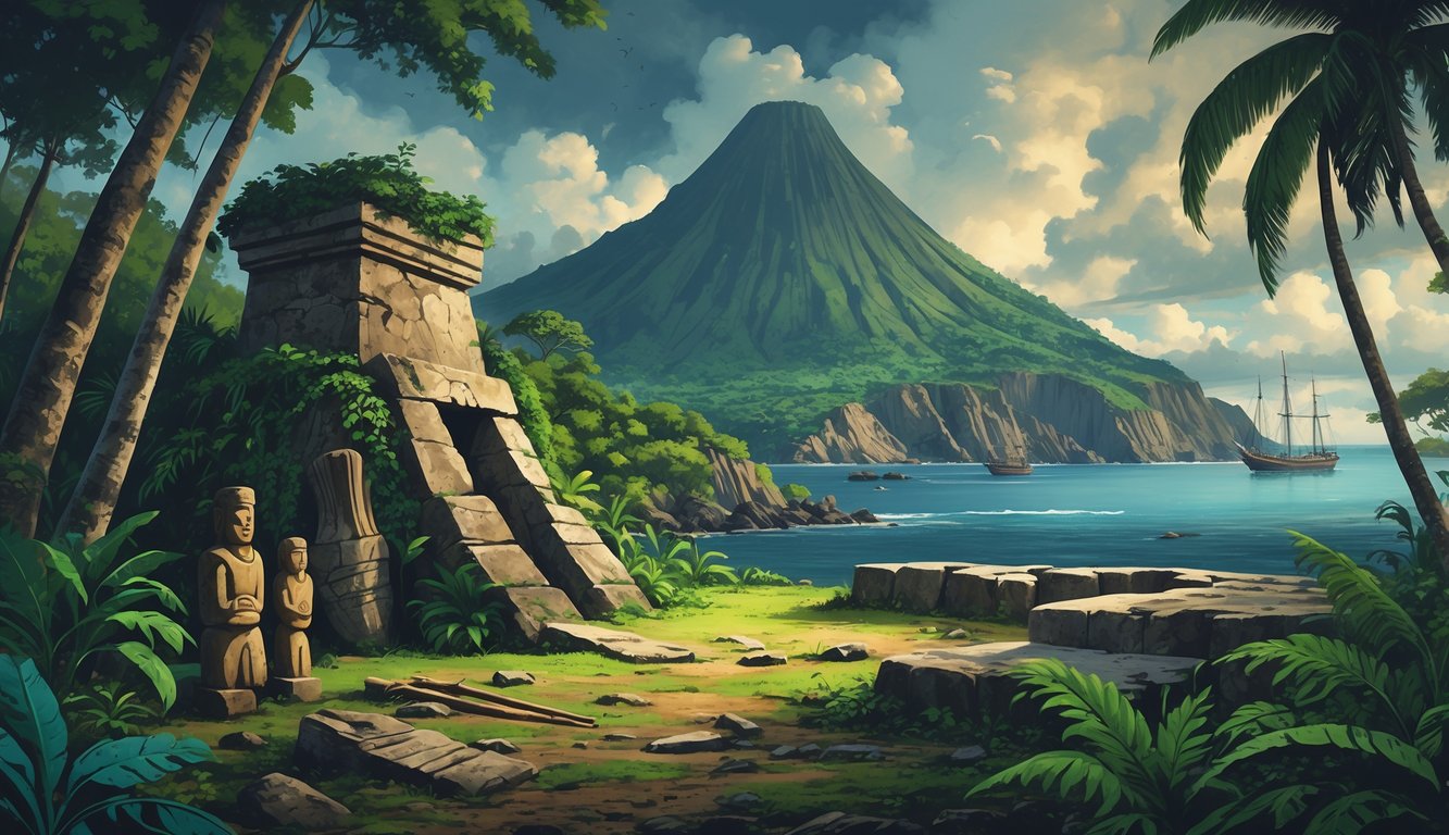 A tropical rainforest with ancient artifacts, overgrown stone ruins, a volcanic mountain, and colonial ships along a rugged coastline.