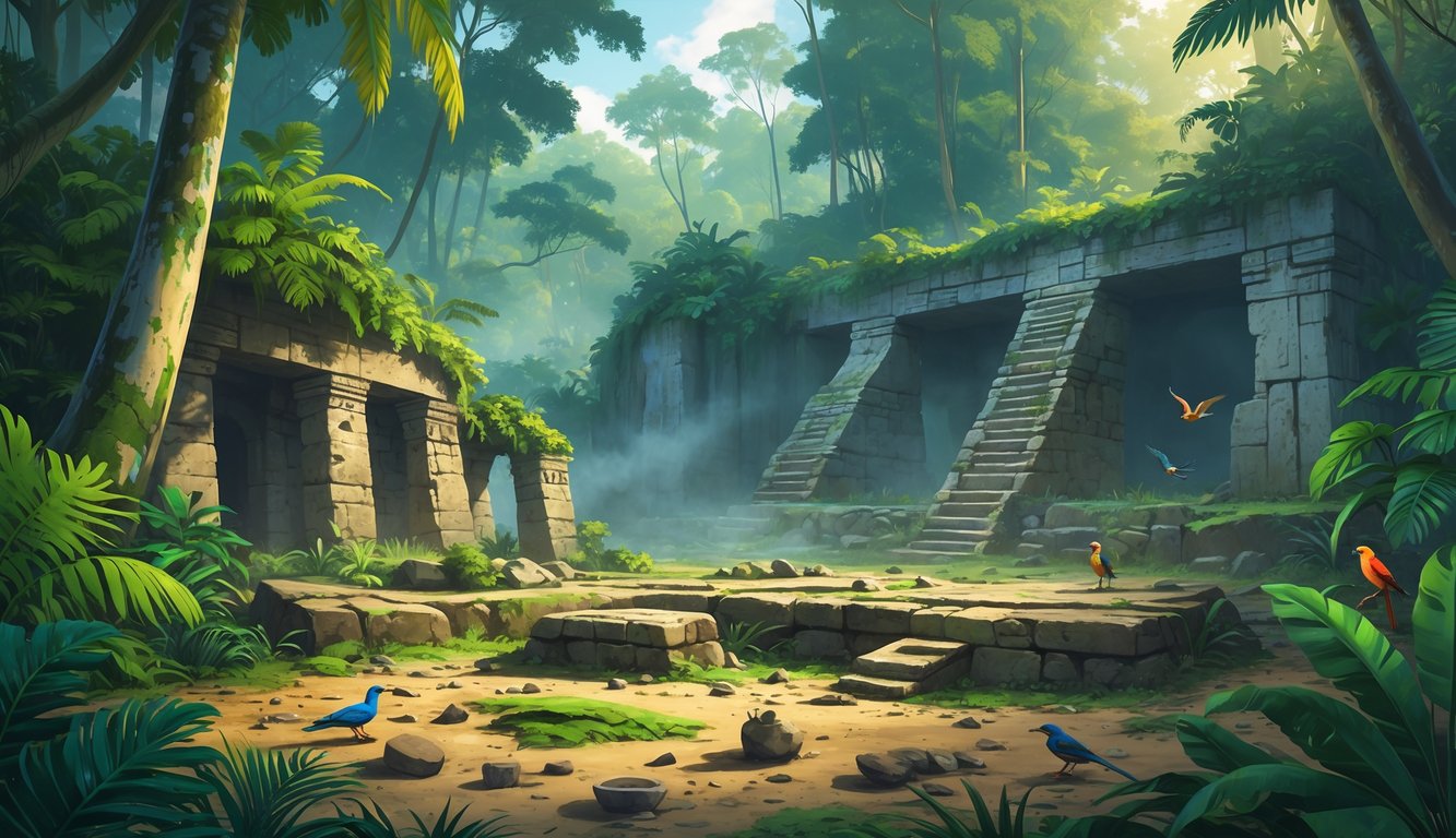 An ancient stone settlement partially uncovered in a dense tropical rainforest with trees, plants, and wildlife surrounding it.
