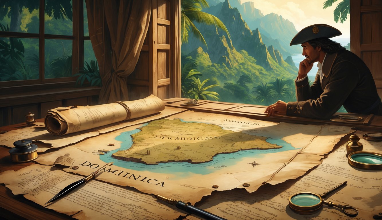 A colonial-era explorer studies an old map and ancient documents on a wooden table with tropical forest and mountains visible through a window.