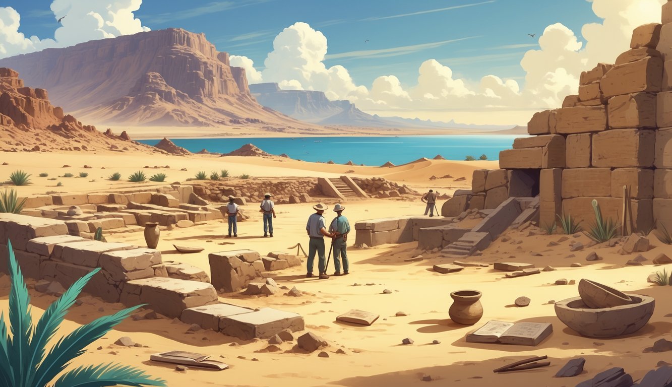 An archaeological site in Djibouti with ancient ruins, artifacts, desert landscape, and explorers examining the area.