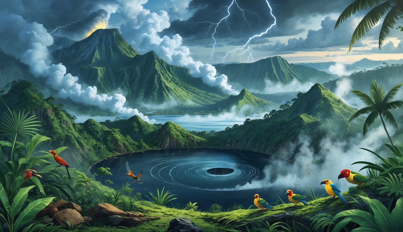 A tropical island with dense rainforest, volcanic mountains emitting steam, a misty crater lake, tropical birds, and dynamic weather with lightning and swirling clouds.