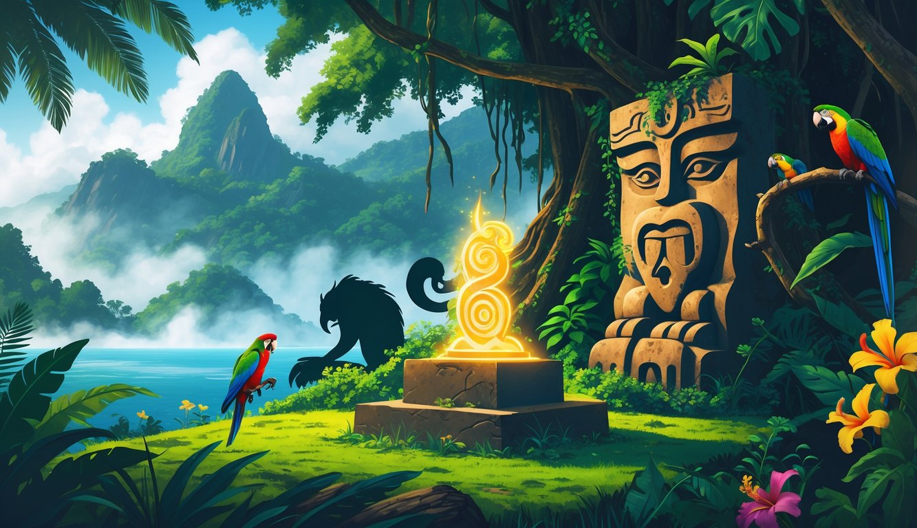 A tropical forest scene in Dominica showing ancient carvings, a glowing artifact, mythical creatures, and native wildlife like a parrot among lush trees and mountains.