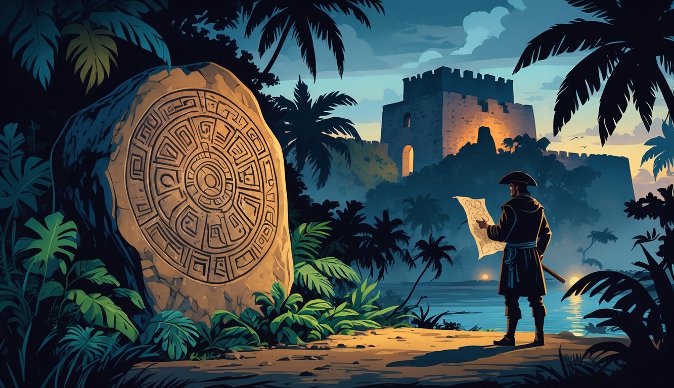 A mysterious ancient stone carving in a jungle with a Spanish explorer holding a map, and a historic fortress in the background under a twilight sky.