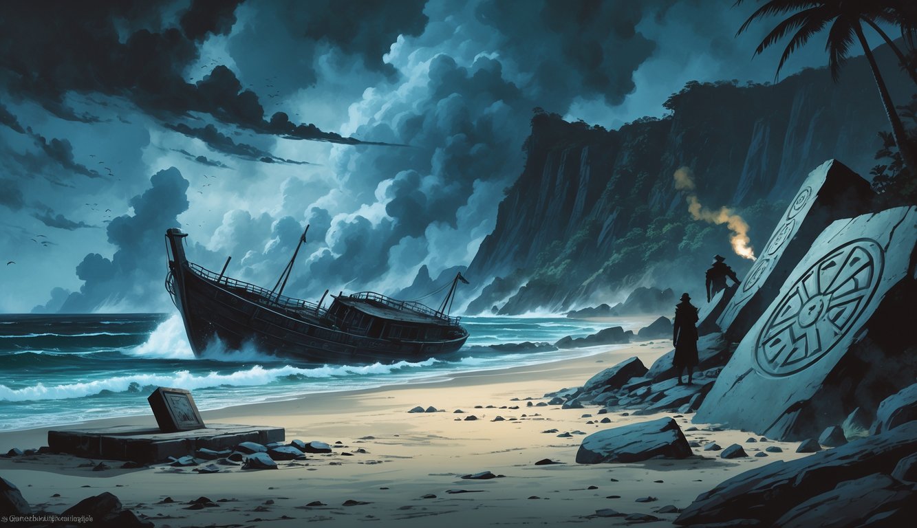 A stormy Caribbean coastline with crashing waves, ancient artifacts on the beach, a half-submerged shipwreck, and shadowy figures examining carved stones under dark clouds.